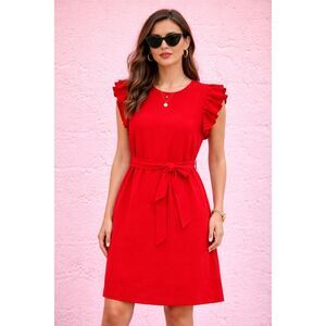 NWT LOFT Red Sheath Dress Ruffle Sleeve Belted Crepe Work Office Date Night M